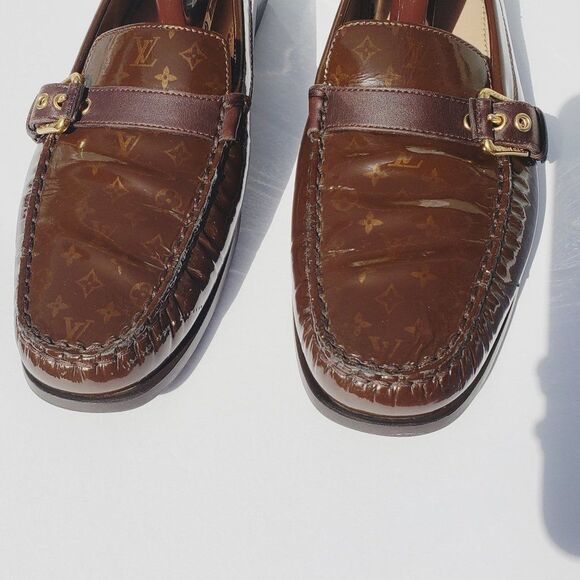 Louis Vuitton Brown Mini Lin Monogram Patent Loafers Size 41 - Picture 3 of 16